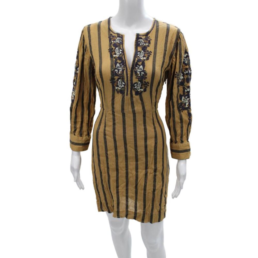 Antik Batik Womens Mini Dress Beige Striped V-Neck Long Sleeve Cotton Size M